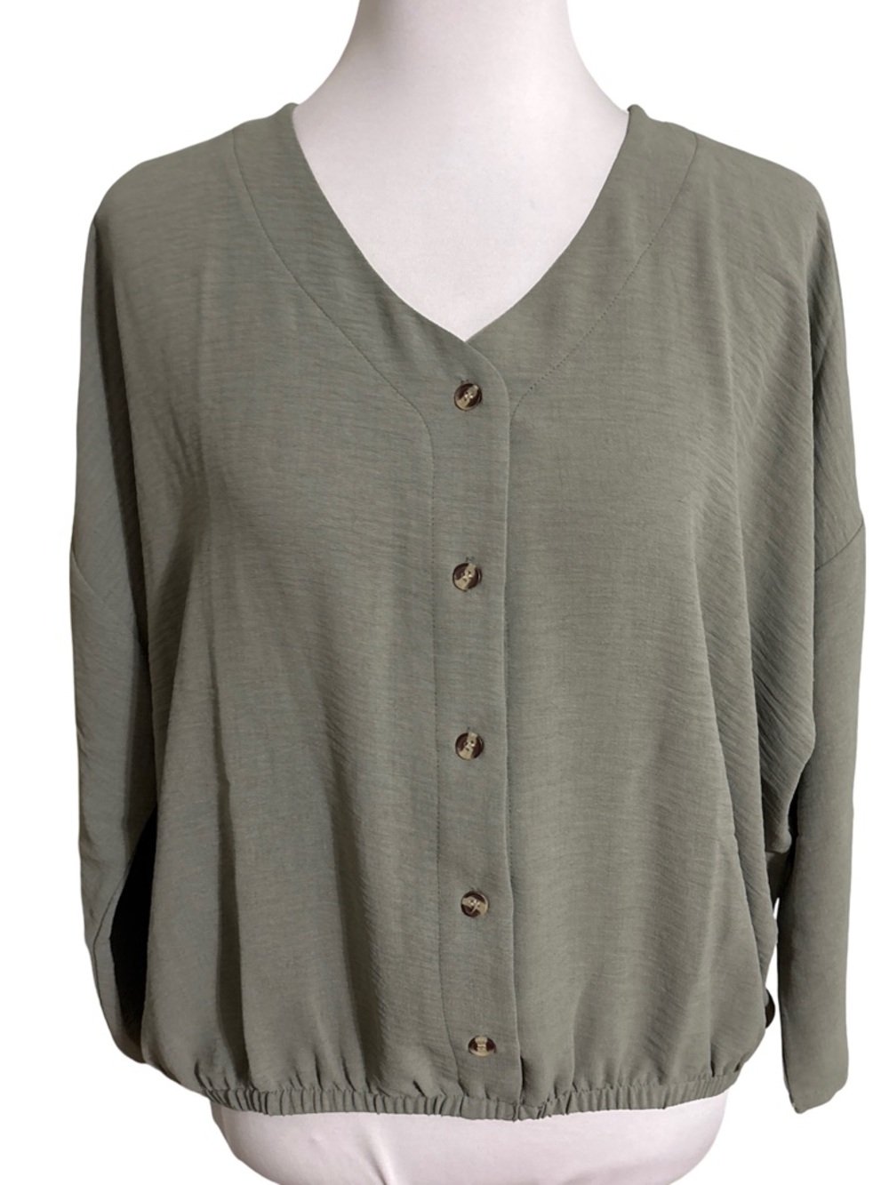 Wynne Layers Olive V-Neck Button Front Blouse